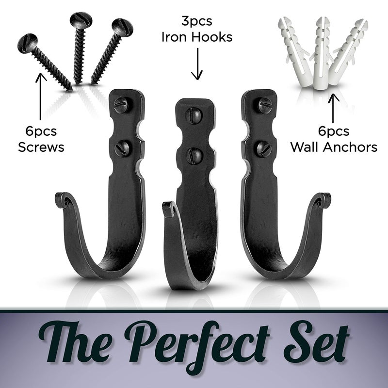 Stur-De Decorative Hooks for Wall - Metal Wall Hooks for Hanging Coats, Hats & Bags, Rustic Towel Hooks for Bathrooms or Kitchen - Wrought Iron Farmhouse Hangers - Pack of 3, Black - 3.3x2x0.8 Inches - Image 4